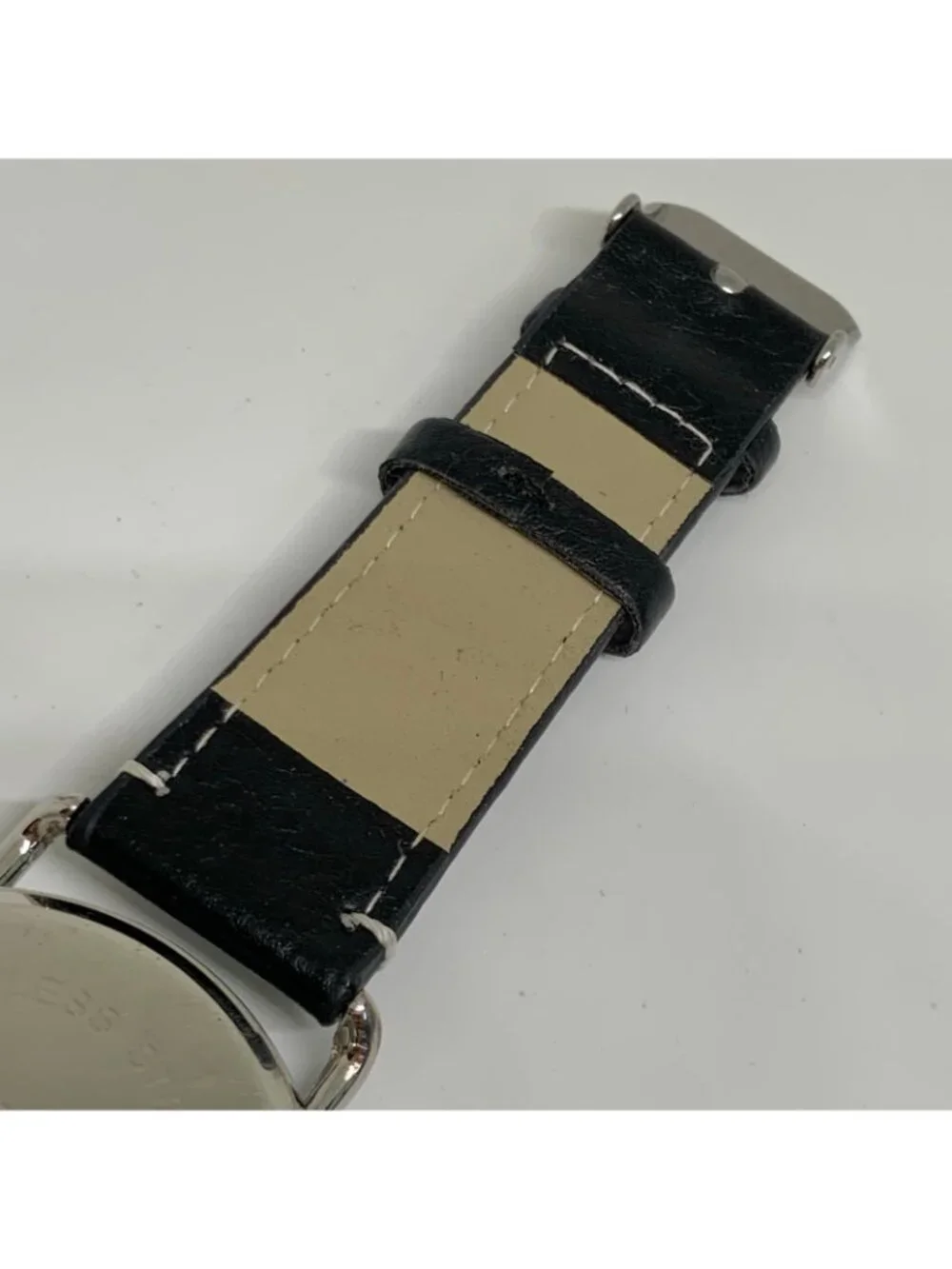 SilverTone tone men’s watch 42mm quartz analog white dial black leather running